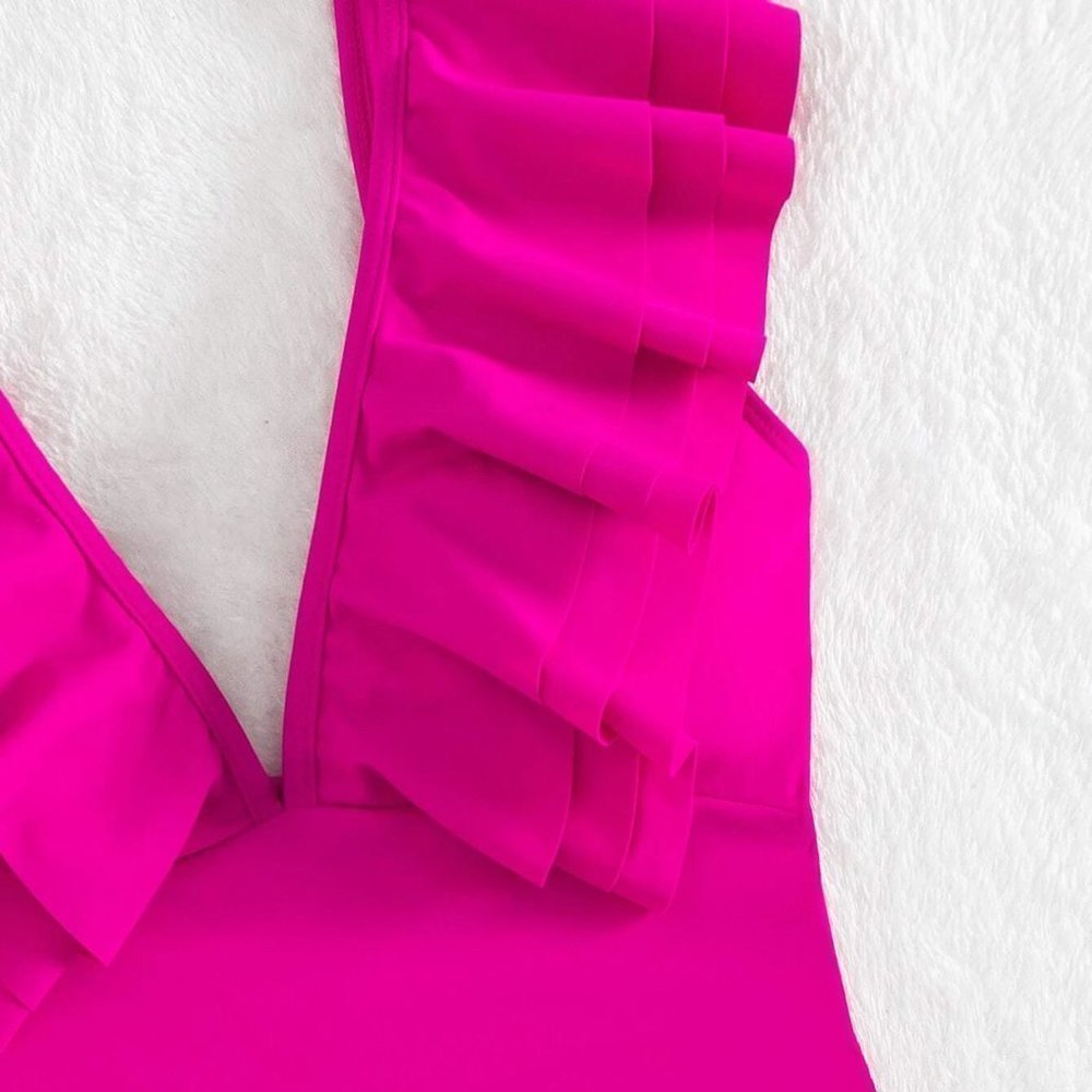 Hot Pink Preppy Womens Ruffle Trim One Piece Swimsuit - Picture 3 of 5